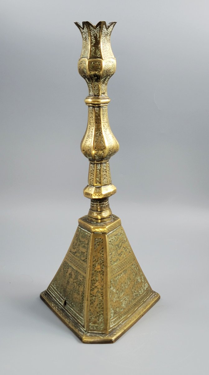 Large Qajar Persian Engraved Brass Candlestick, C.1880-photo-4
