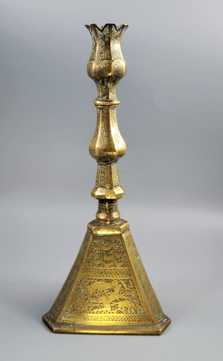 Large Qajar Persian Engraved Brass Candlestick, C.1880-photo-1