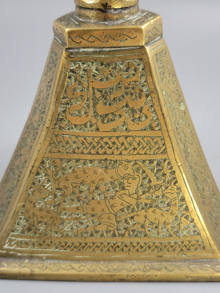 Large Qajar Persian Engraved Brass Candlestick, C.1880-photo-3