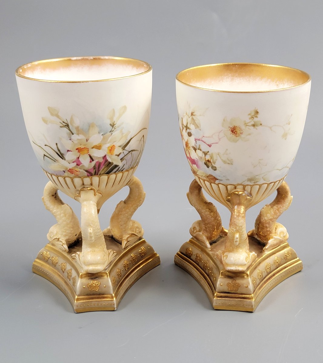 Doulton Burslem — Pair Of Hand-painted Beaker Vases On Three Dolphins, C.1891-photo-4