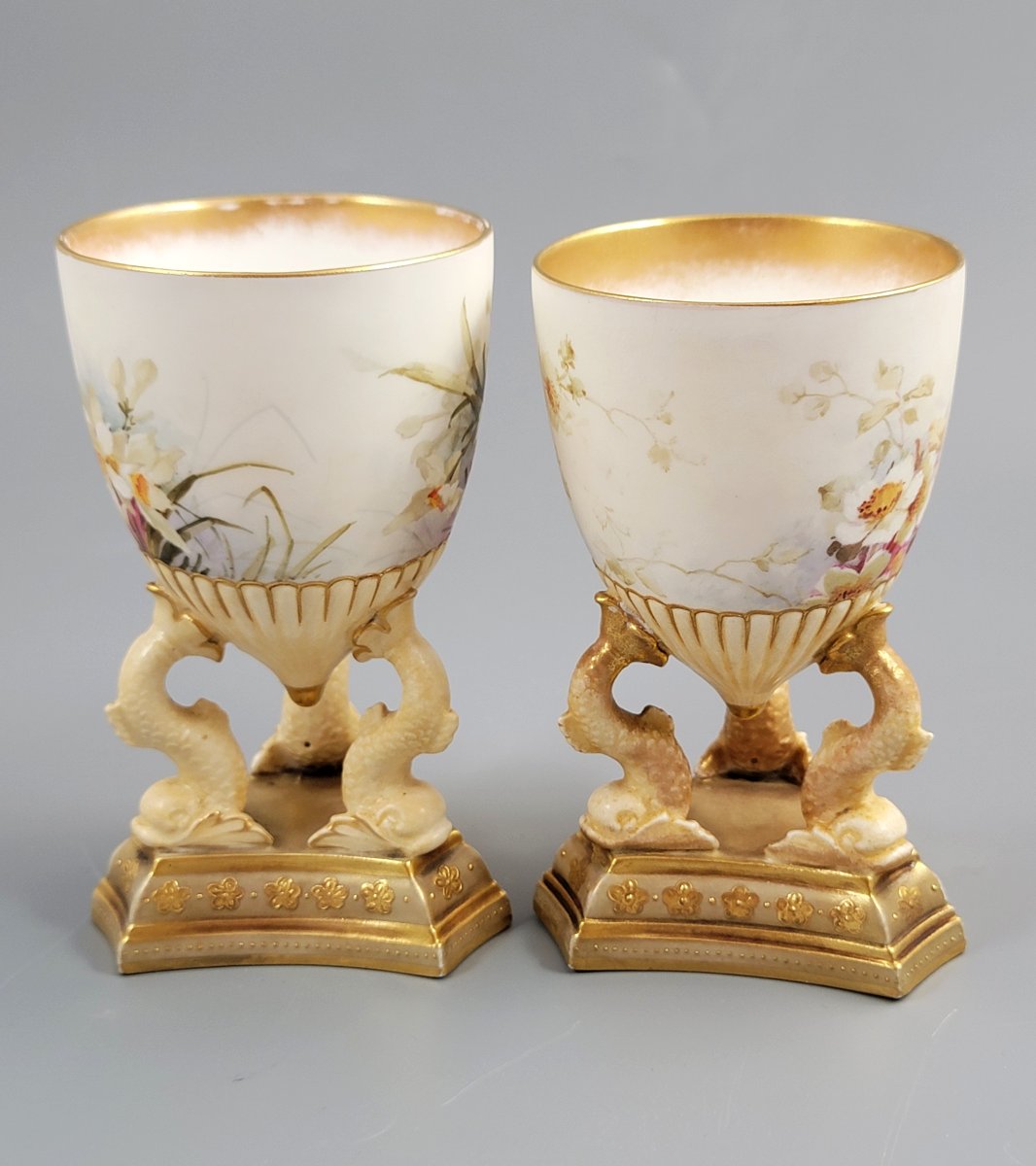 Doulton Burslem — Pair Of Hand-painted Beaker Vases On Three Dolphins, C.1891-photo-1