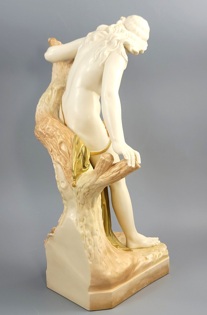 Large Royal Worcester Porcelain Figure “the Bather Surprised”, Shot Enamel, 1906-photo-1