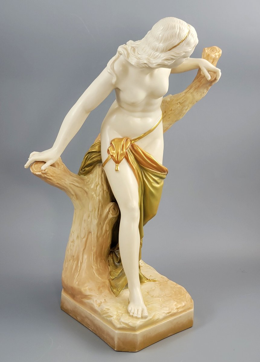 Large Royal Worcester Porcelain Figure “the Bather Surprised”, Shot Enamel, 1906-photo-3