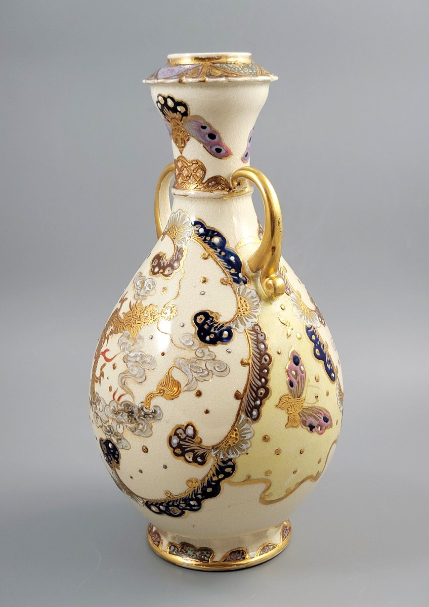 Rare Kinkozan Satsuma Vase With Dragon And Butterflies, Signed, C.1890-photo-2