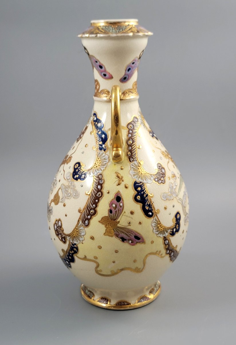 Rare Kinkozan Satsuma Vase With Dragon And Butterflies, Signed, C.1890-photo-3