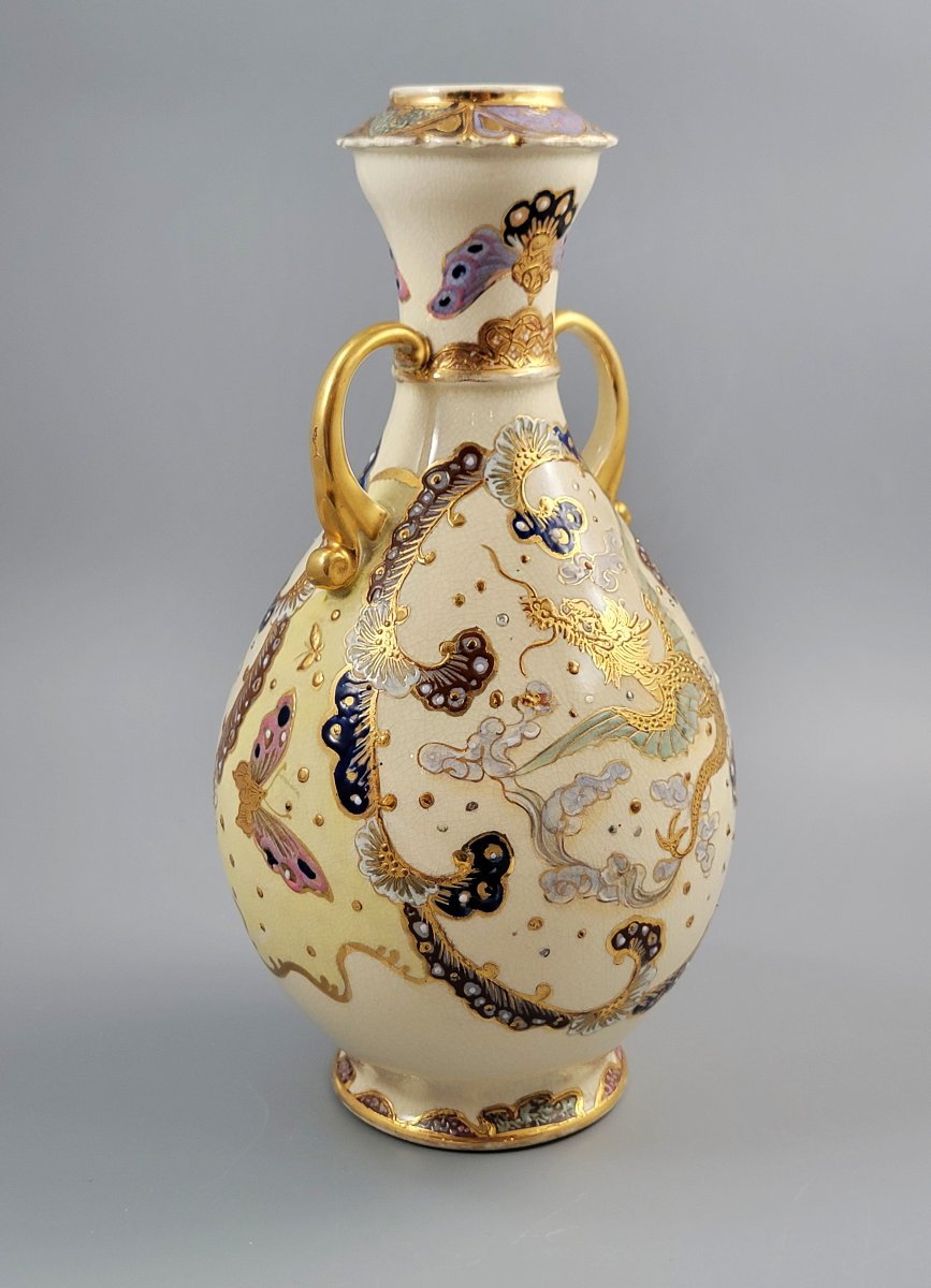 Rare Kinkozan Satsuma Vase With Dragon And Butterflies, Signed, C.1890-photo-4