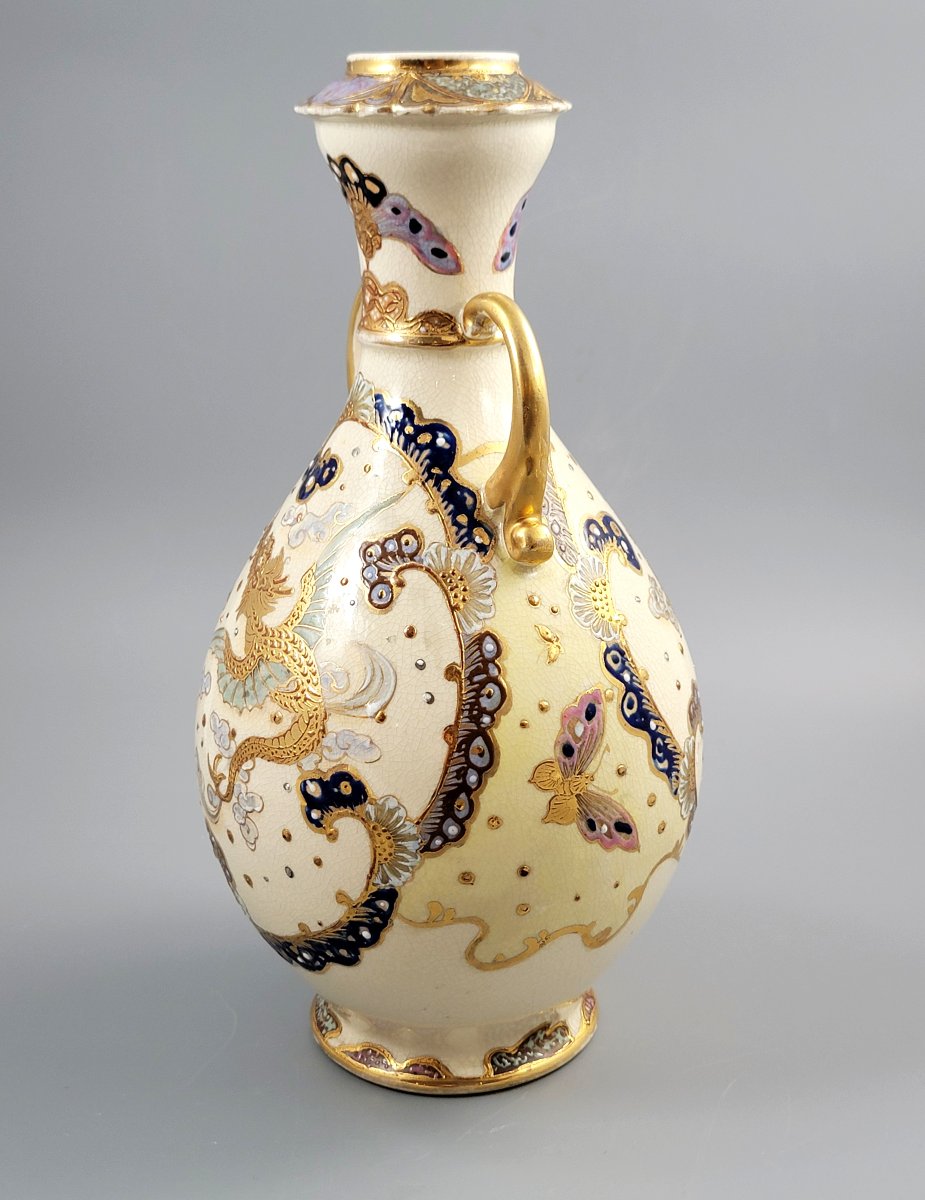 Rare Kinkozan Satsuma Vase With Dragon And Butterflies, Signed, C.1890-photo-2