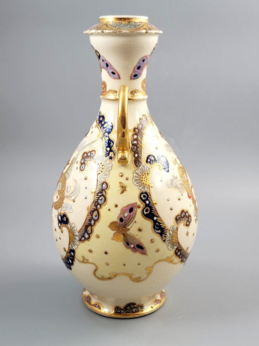 Rare Kinkozan Satsuma Vase With Dragon And Butterflies, Signed, C.1890-photo-3