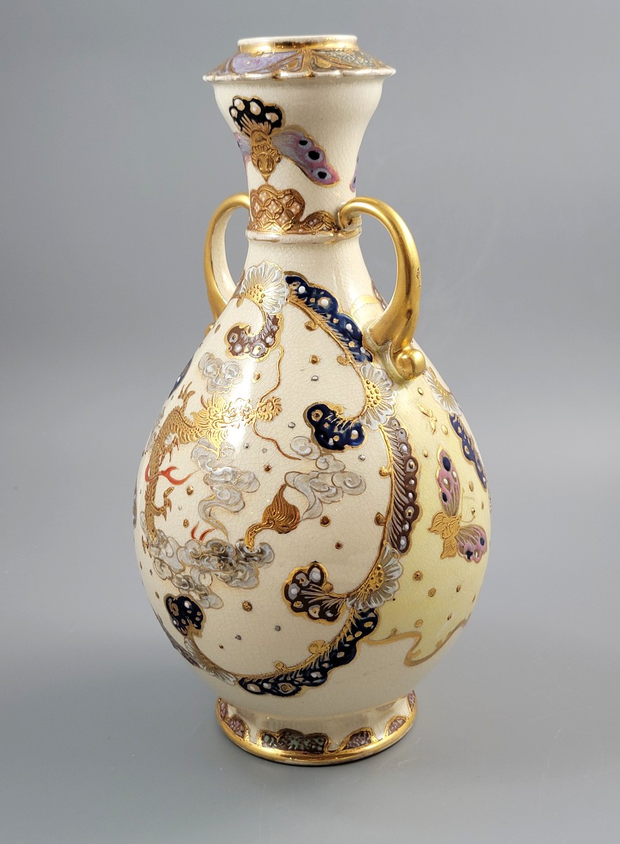Rare Kinkozan Satsuma Vase With Dragon And Butterflies, Signed, C.1890-photo-5
