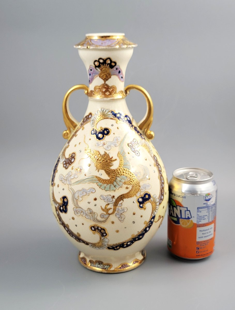 Rare Kinkozan Satsuma Vase With Dragon And Butterflies, Signed, C.1890-photo-8