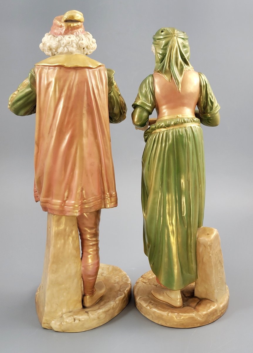 Rare Royal Worcester Pair “renaissance Musicians”, Exclusive Shot Enamel, 1911-photo-3