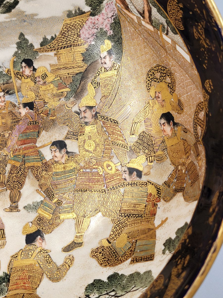 Kinkozan Kyoto Satsuma Bowl — Samurai Night Battle, Shimazu Crest, C.1900-photo-2