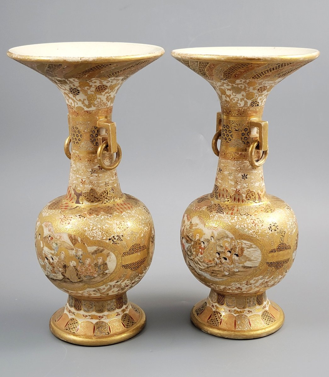 Pair Of Japanese Satsuma Vases, Attributed To Kinkozan, C.1900-photo-3