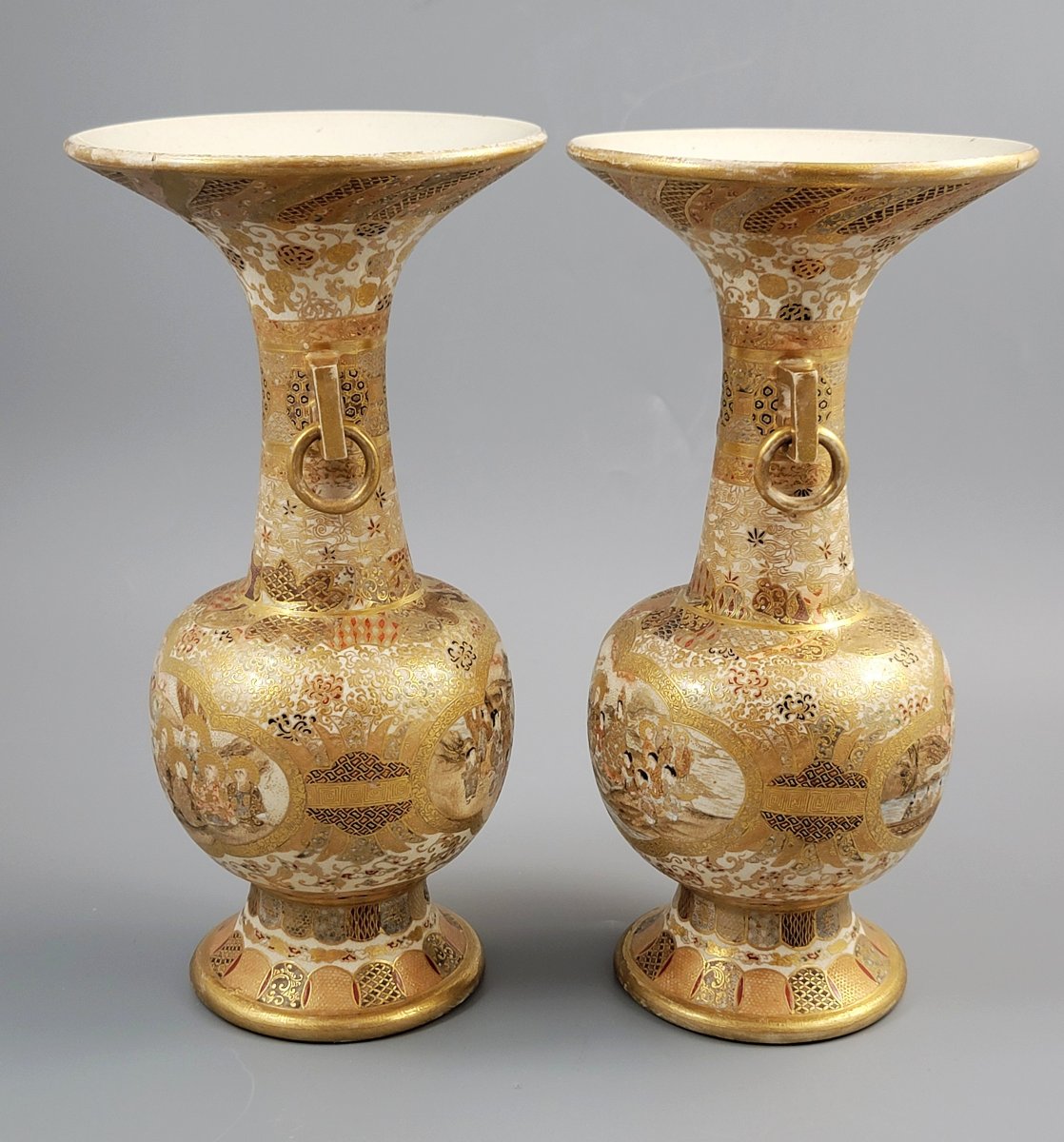 Pair Of Japanese Satsuma Vases, Attributed To Kinkozan, C.1900-photo-4