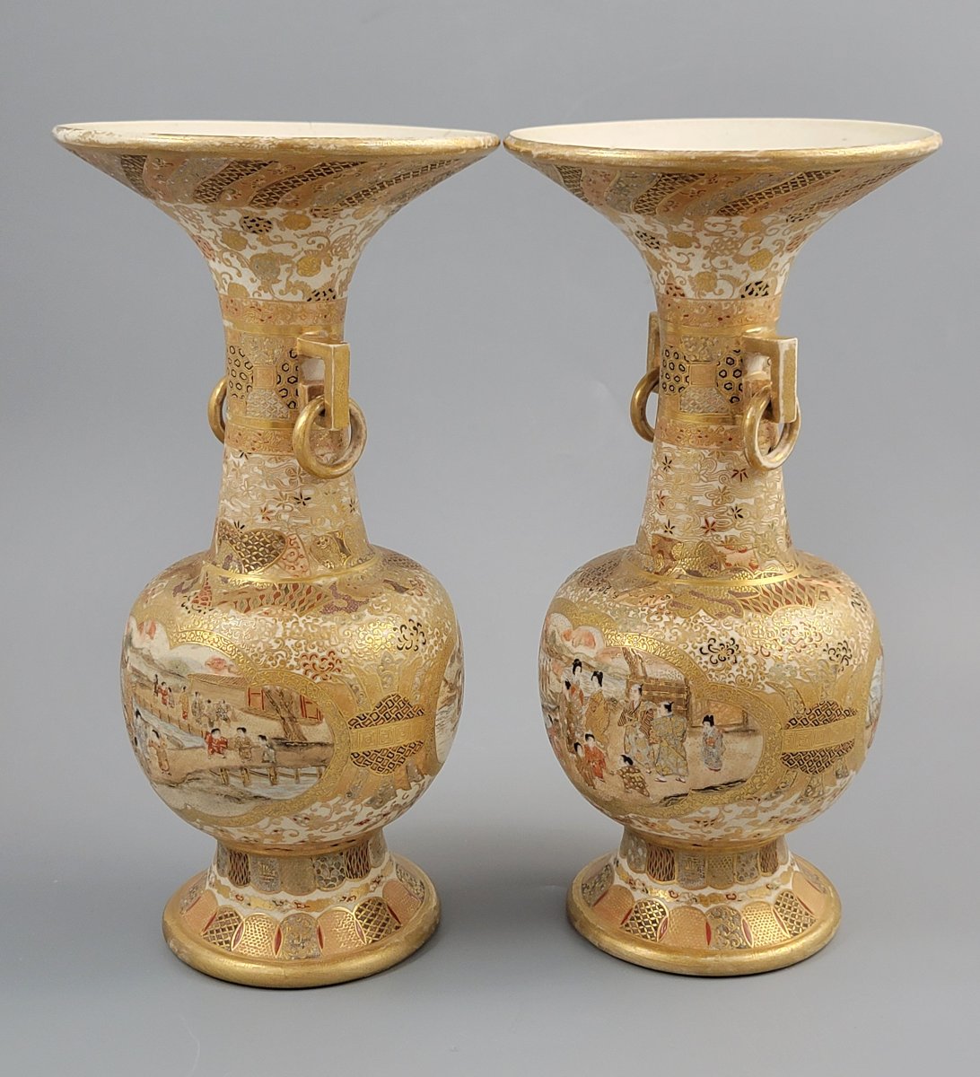 Pair Of Japanese Satsuma Vases, Attributed To Kinkozan, C.1900-photo-2