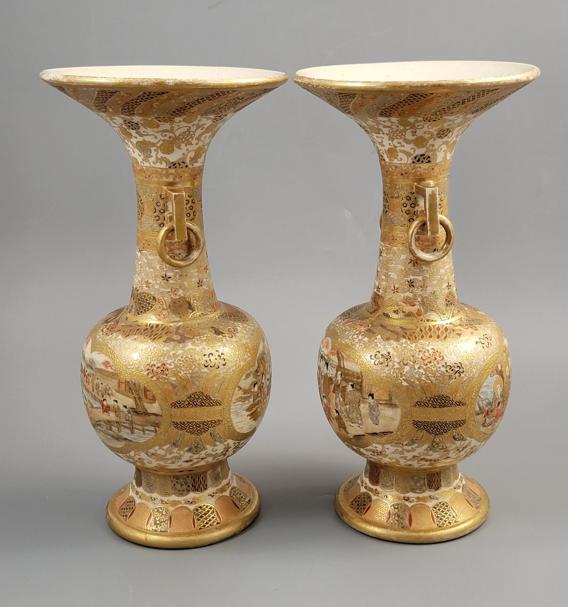 Pair Of Japanese Satsuma Vases, Attributed To Kinkozan, C.1900-photo-3