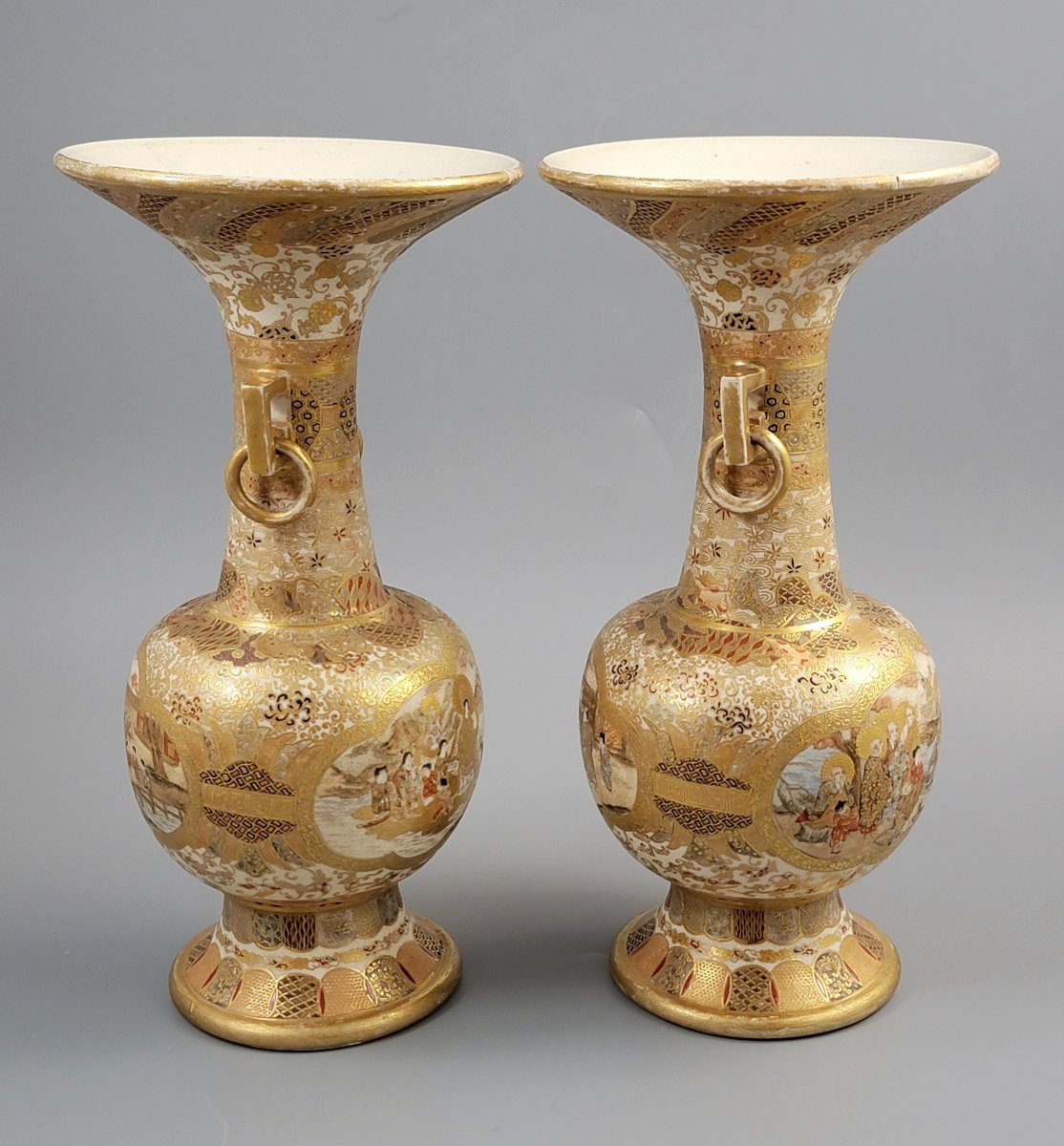 Pair Of Japanese Satsuma Vases, Attributed To Kinkozan, C.1900-photo-4