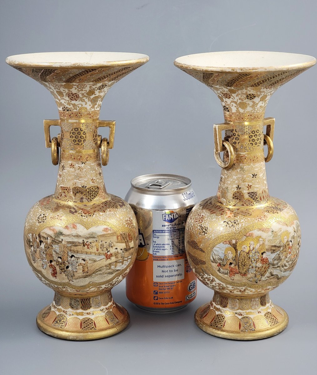 Pair Of Japanese Satsuma Vases, Attributed To Kinkozan, C.1900-photo-8