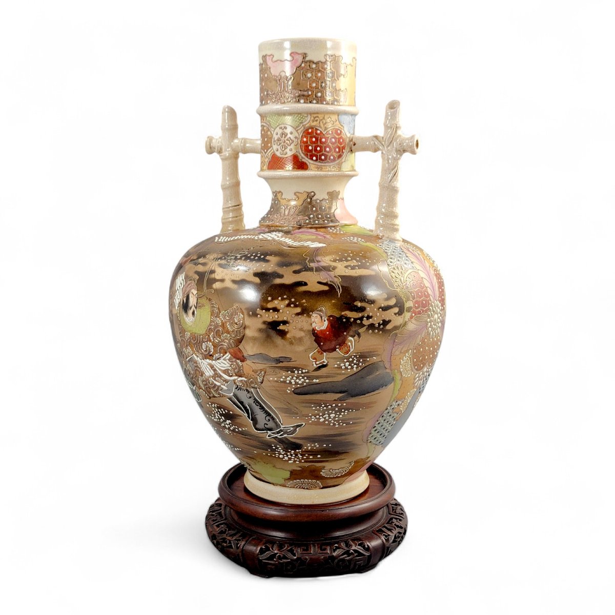 Rare vase Satsuma de Kinkozan, décor de samouraïs et anses en bambou, Japon Meiji, c. 1875–1885-photo-8