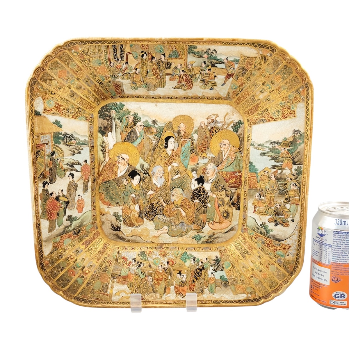 Japanese Kyoto Satsuma Square Dish With Rakan And Ladies, Meiji Period C.1890-photo-3