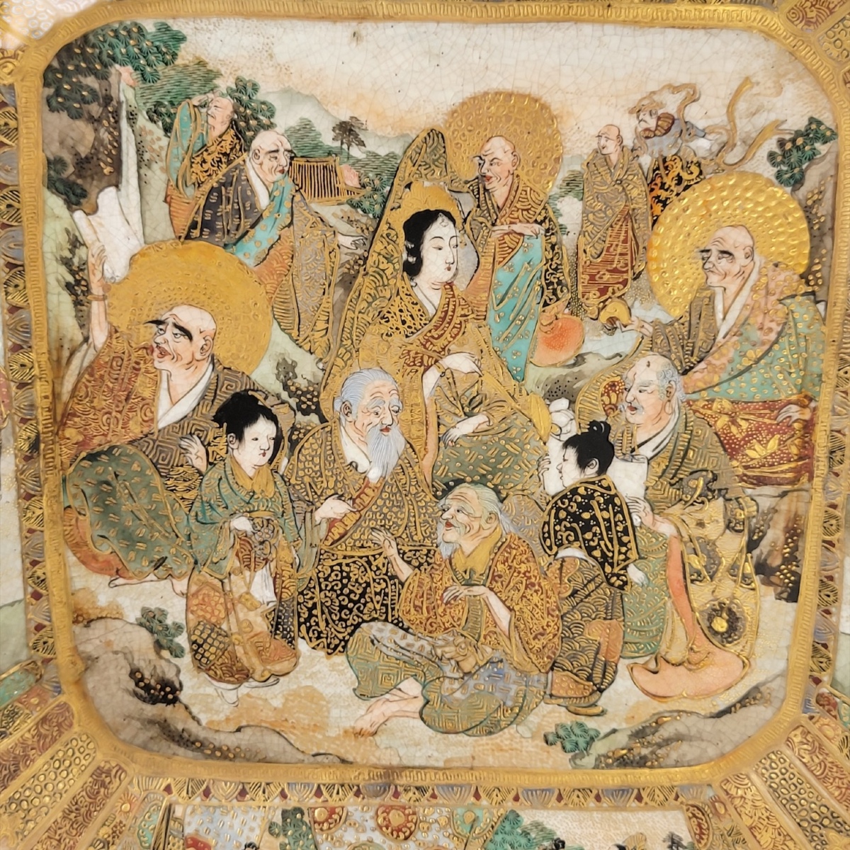 Japanese Kyoto Satsuma Square Dish With Rakan And Ladies, Meiji Period C.1890-photo-4