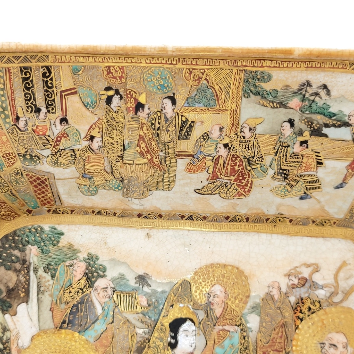 Japanese Kyoto Satsuma Square Dish With Rakan And Ladies, Meiji Period C.1890-photo-2