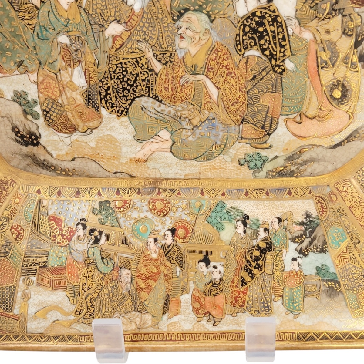 Japanese Kyoto Satsuma Square Dish With Rakan And Ladies, Meiji Period C.1890-photo-5