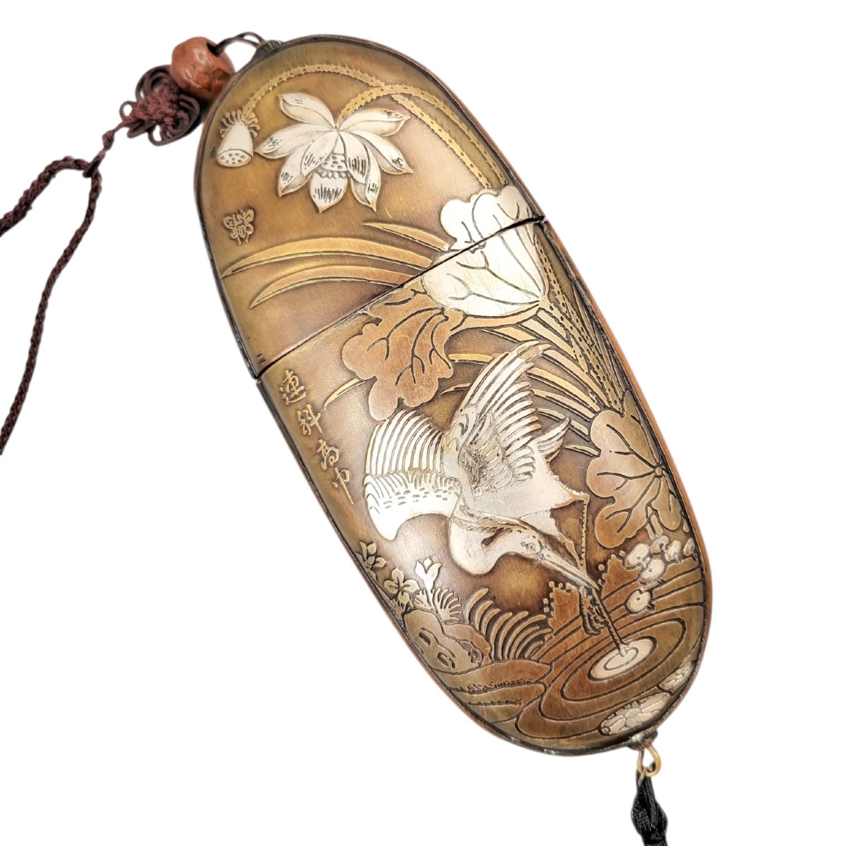 Étui à tabac japonais en bronze incrusté or argent, signé Rensai Kōchū, période Meiji-photo-4
