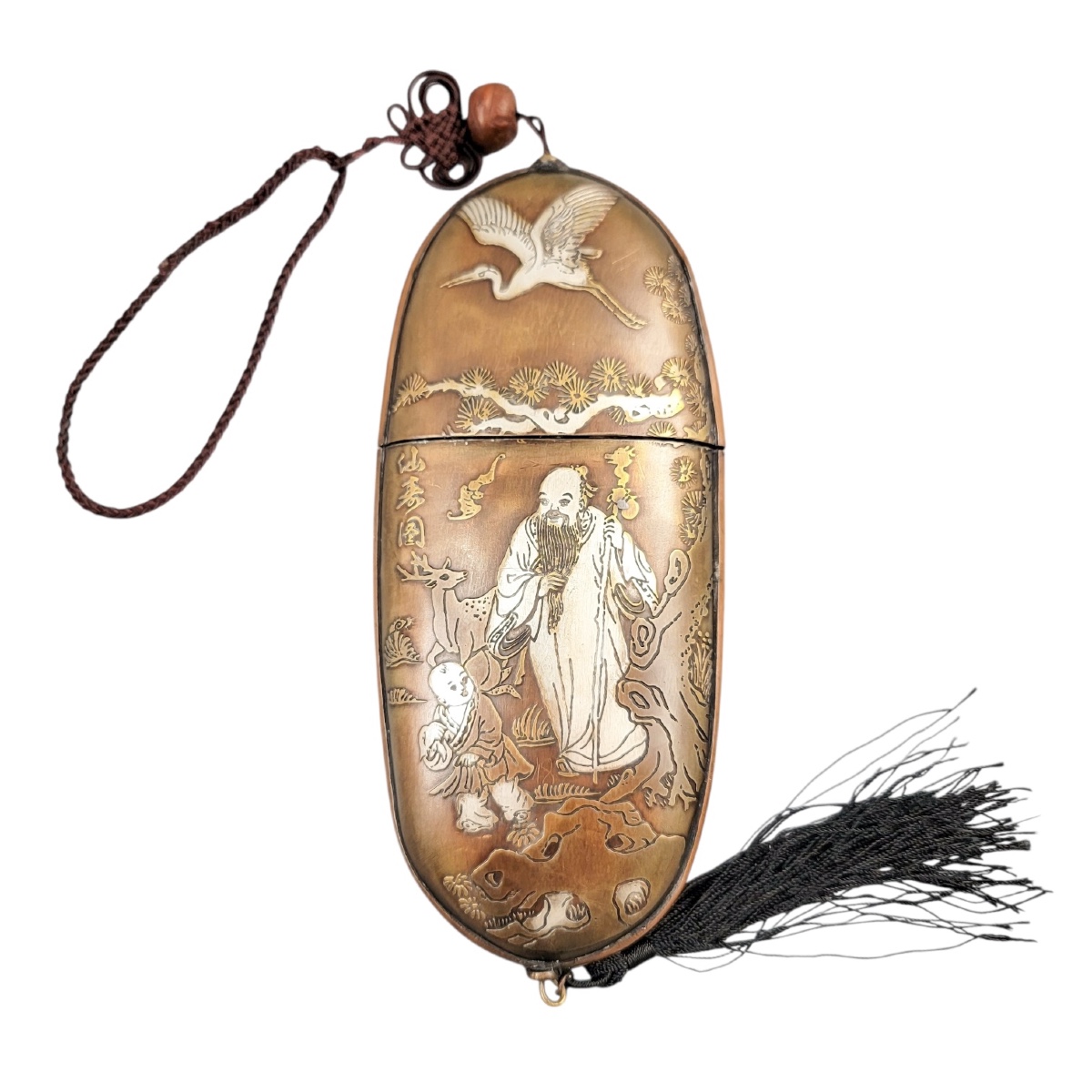 Étui à tabac japonais en bronze incrusté or argent, signé Rensai Kōchū, période Meiji