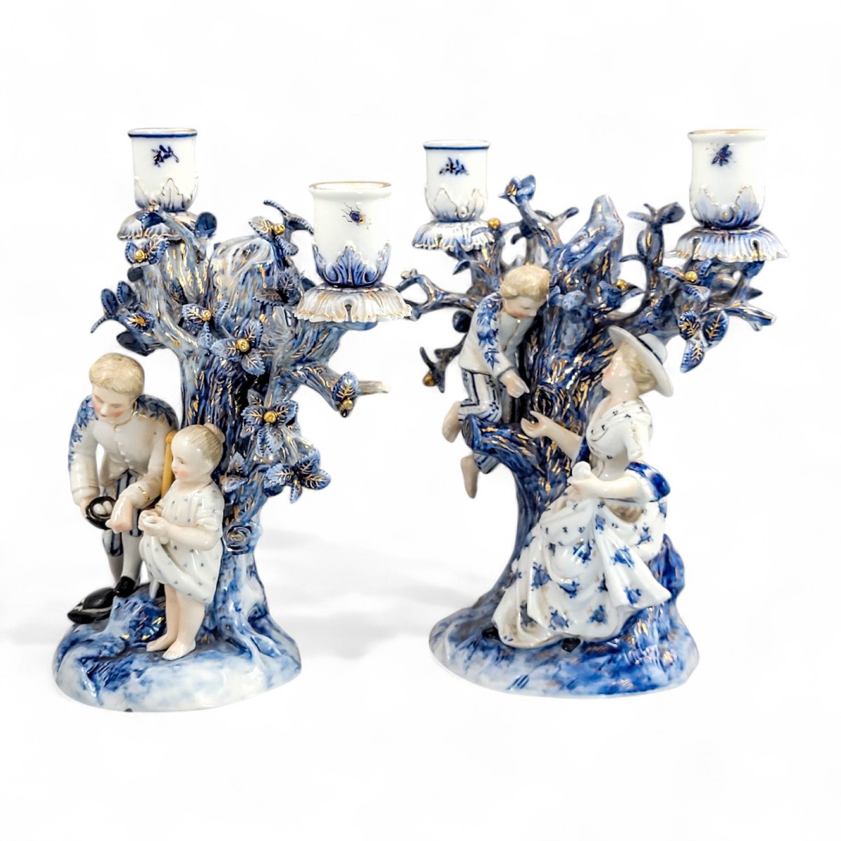 Ernst Bohne & Söhne, Rudolstadt — Pair Of Figural Tree Candelabra In Blue & White, C. 1878-photo-2