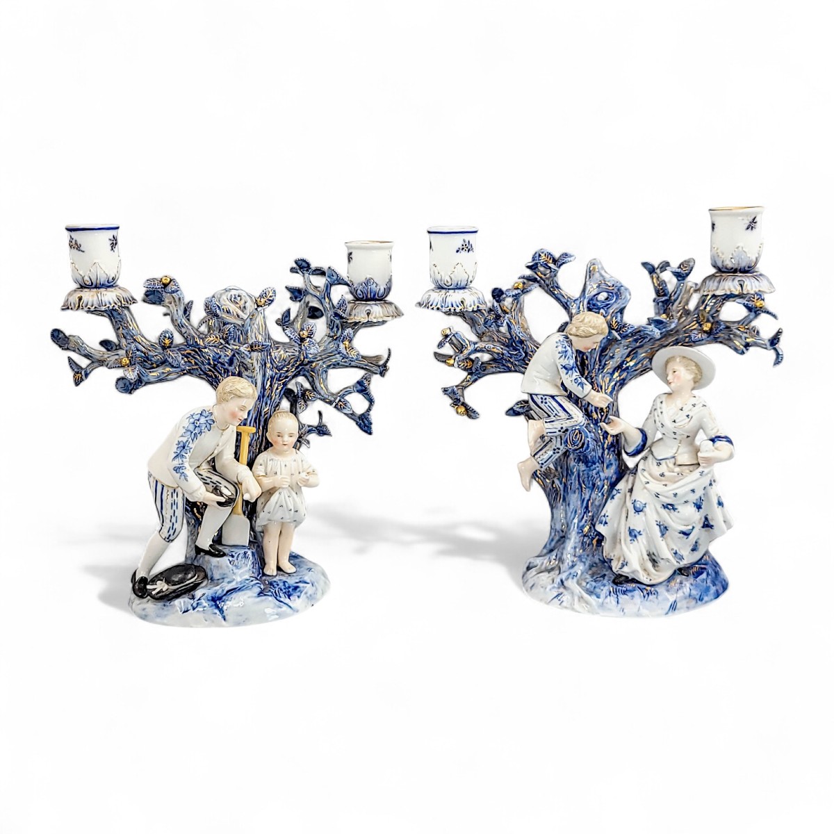 Ernst Bohne & Söhne, Rudolstadt — Pair Of Figural Tree Candelabra In Blue & White, C. 1878