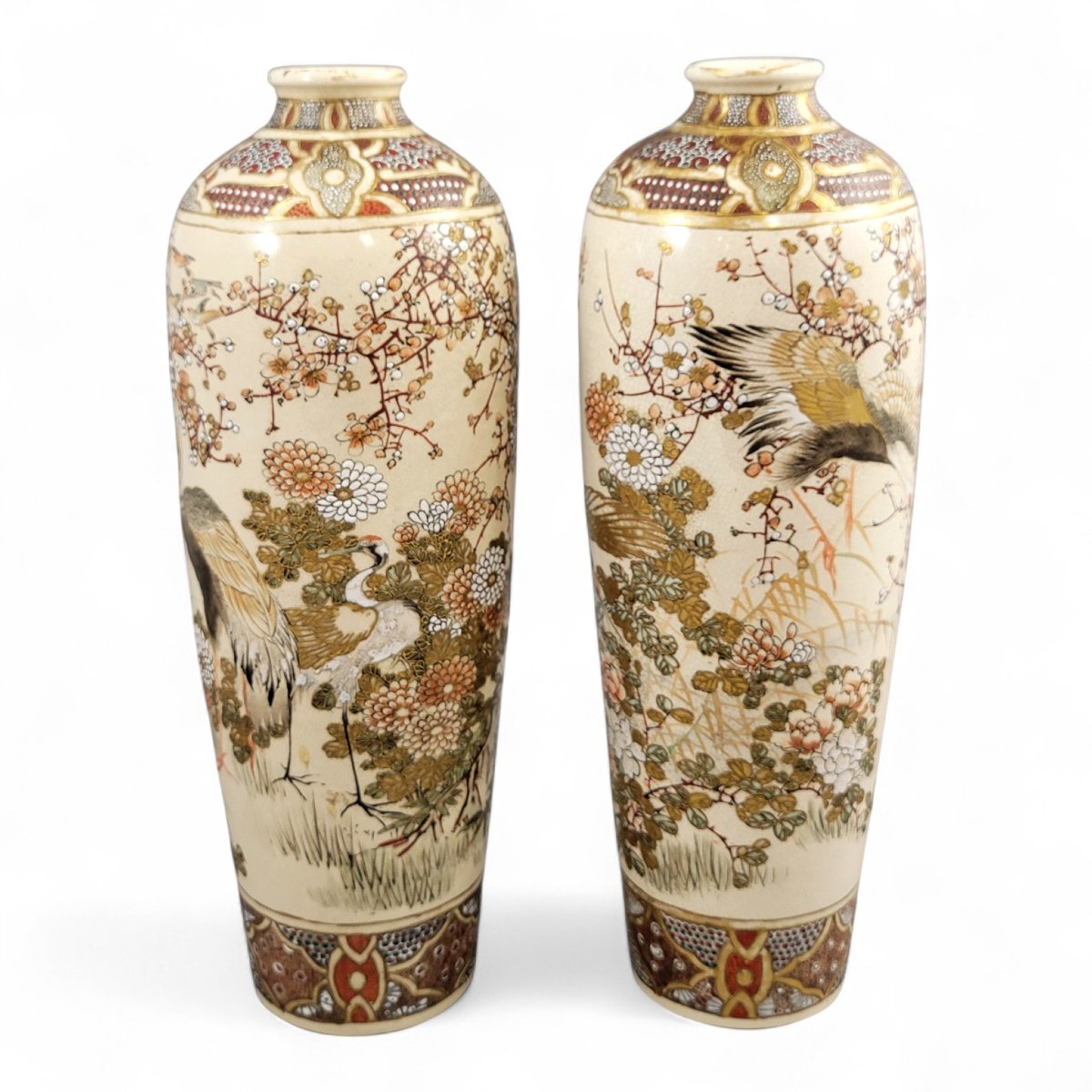 Paire de vases Satsuma Kyoto, grues et prunus, période Meiji vers 1890–1905-photo-2
