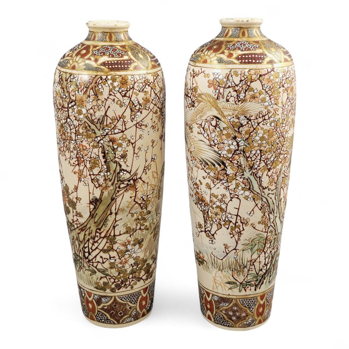 Paire de vases Satsuma Kyoto, grues et prunus, période Meiji vers 1890–1905-photo-4