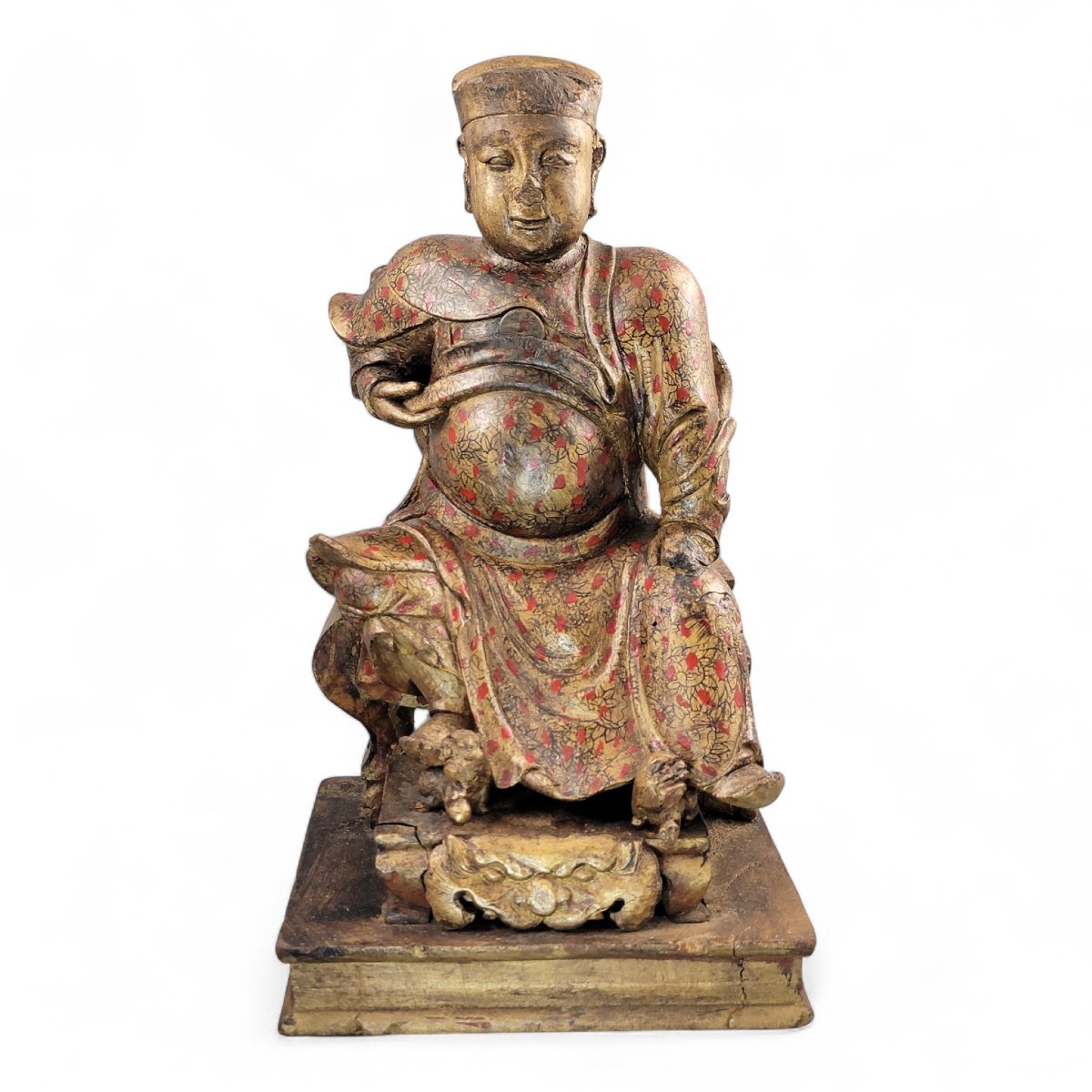 Early Chinese Gilt-wood Temple Figure Of A Seated Civil Official On Stepped Plinth, South China-photo-2