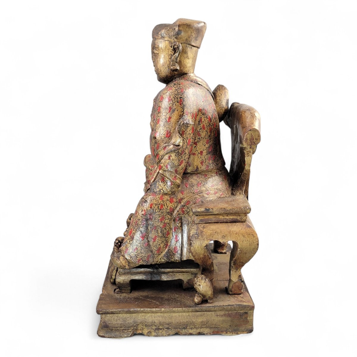 Early Chinese Gilt-wood Temple Figure Of A Seated Civil Official On Stepped Plinth, South China-photo-4