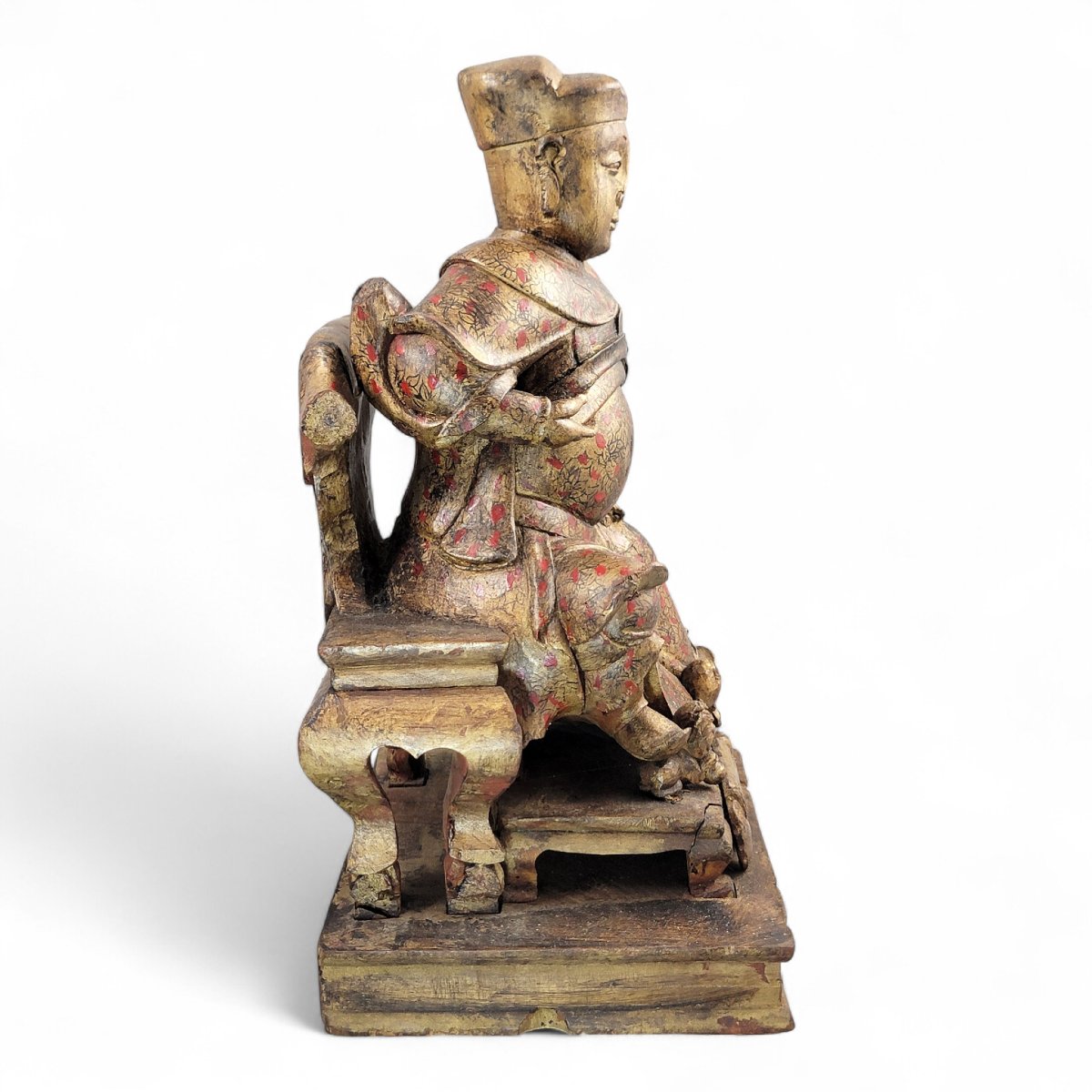 Early Chinese Gilt-wood Temple Figure Of A Seated Civil Official On Stepped Plinth, South China-photo-1
