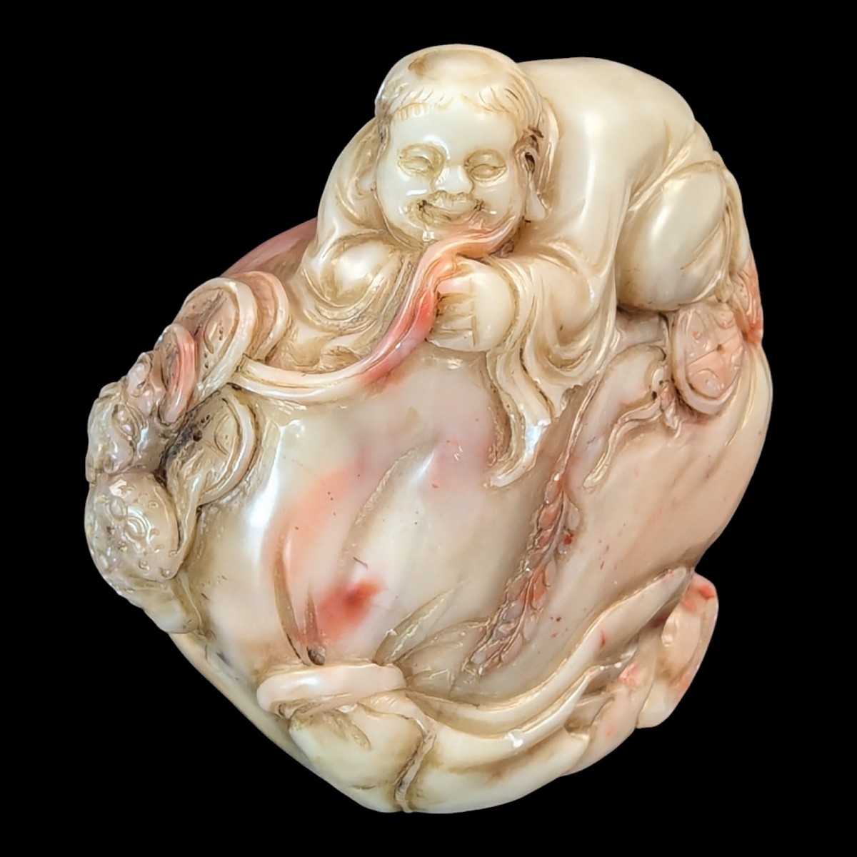 Chinese Shoushan Stone Scholar’s Seal — Liu Hai With Money Toad On Wealth Bag, C. 1930s