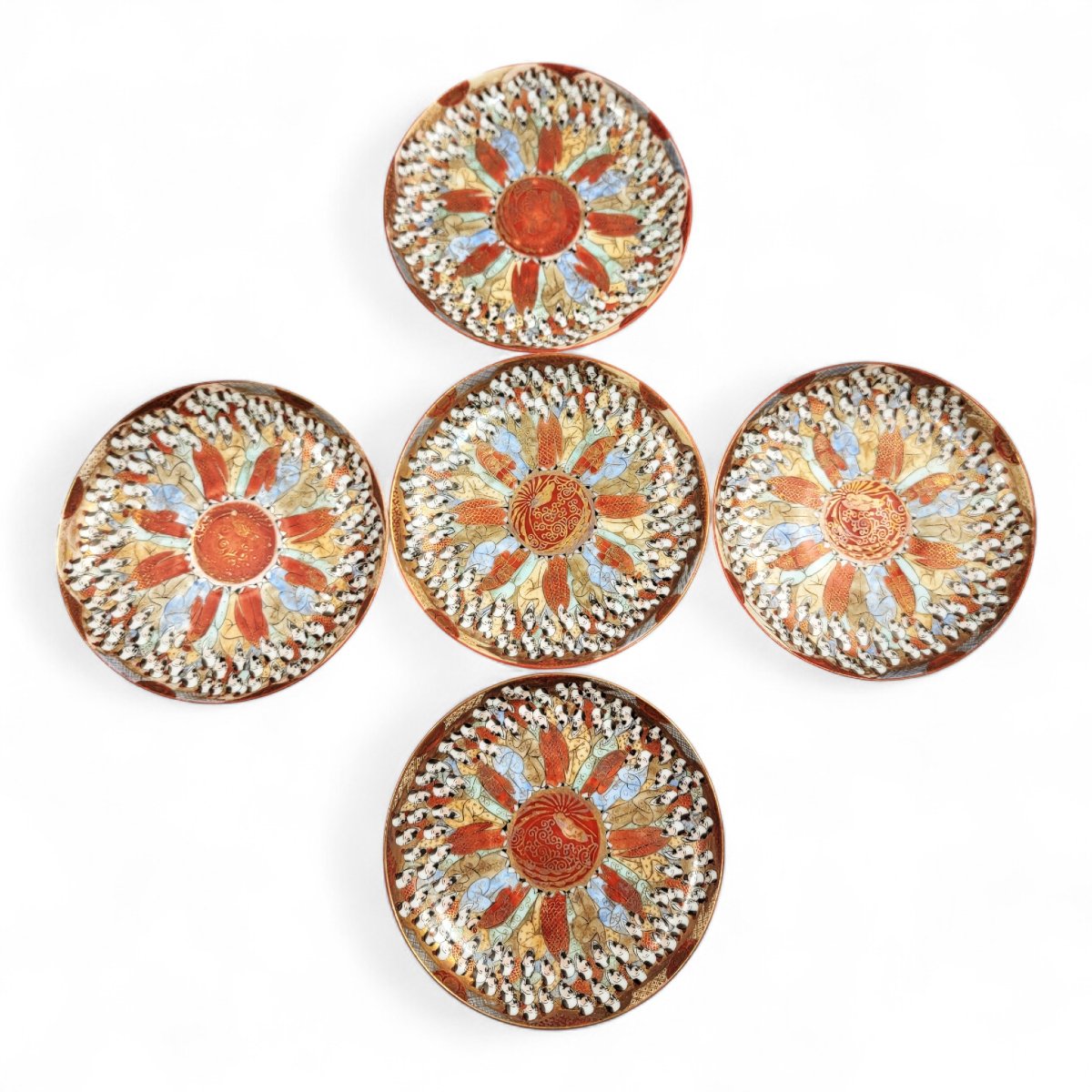 Chinese Export “thousand Lohan” Set Of Five Cups & Saucers, Late 19th Century-photo-5