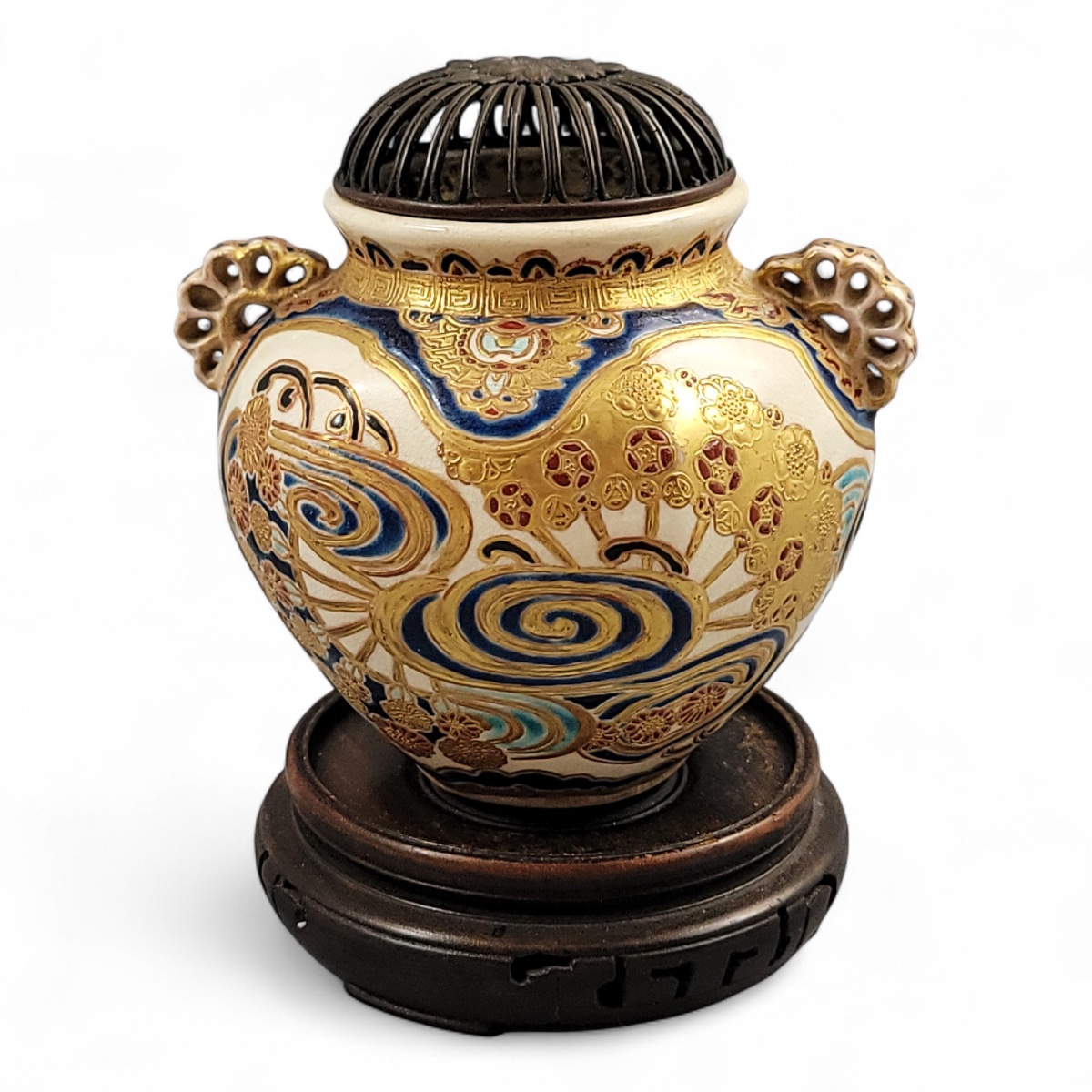 Brûle-parfum Satsuma gosu blue signé Kizan, Japon, période Meiji vers 1885-photo-4