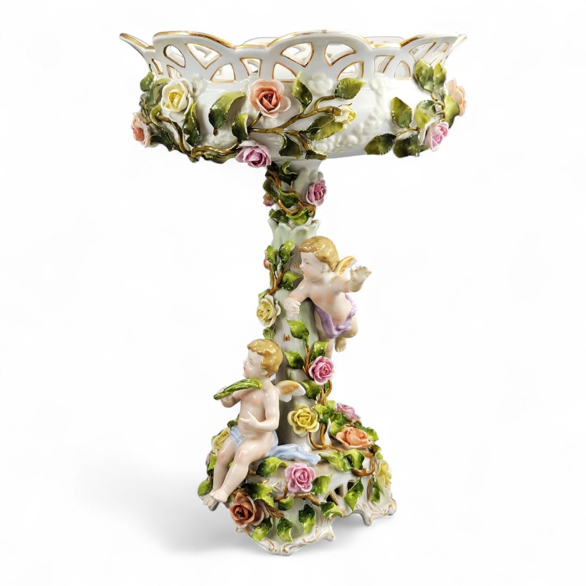 Grand centrepiece Schierholz Plaue avec putti et roses appliquées, vers 1907-photo-2