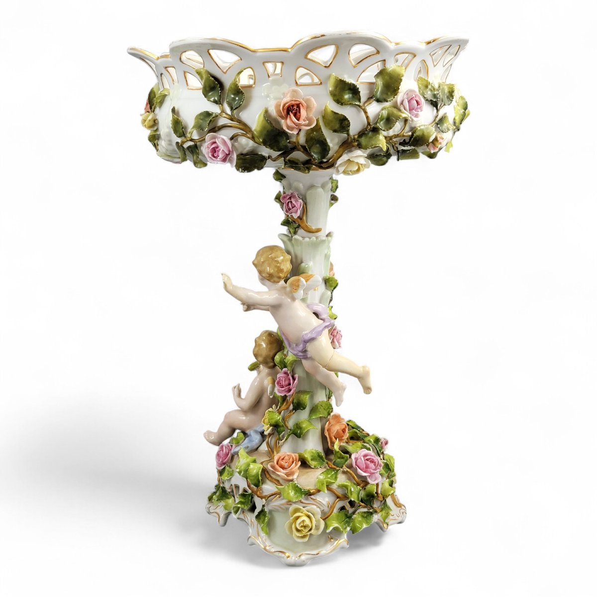 Grand centrepiece Schierholz Plaue avec putti et roses appliquées, vers 1907-photo-3