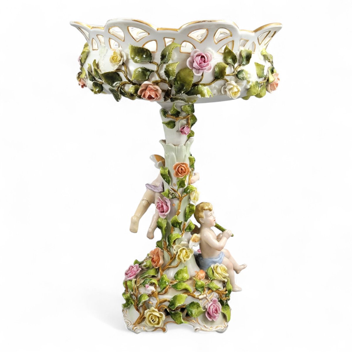 Grand centrepiece Schierholz Plaue avec putti et roses appliquées, vers 1907-photo-4