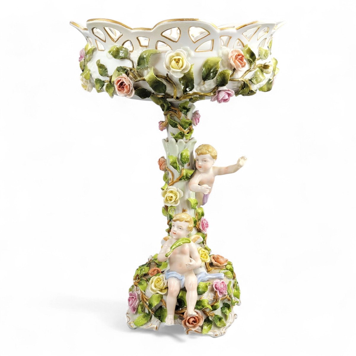 Grand centrepiece Schierholz Plaue avec putti et roses appliquées, vers 1907