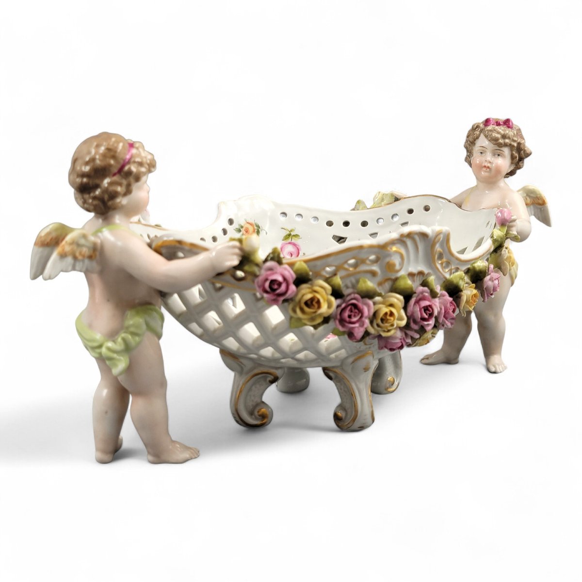 Centre de table en porcelaine de Plaue Schierholz avec deux chérubins, vers 1907-photo-6