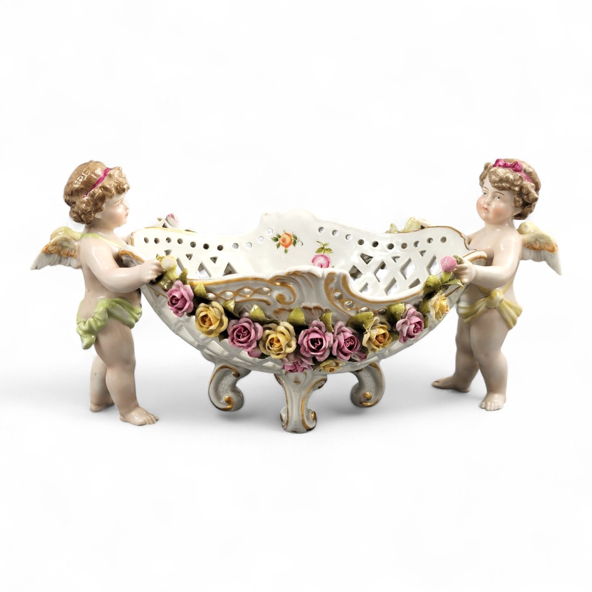 Centre de table en porcelaine de Plaue Schierholz avec deux chérubins, vers 1907