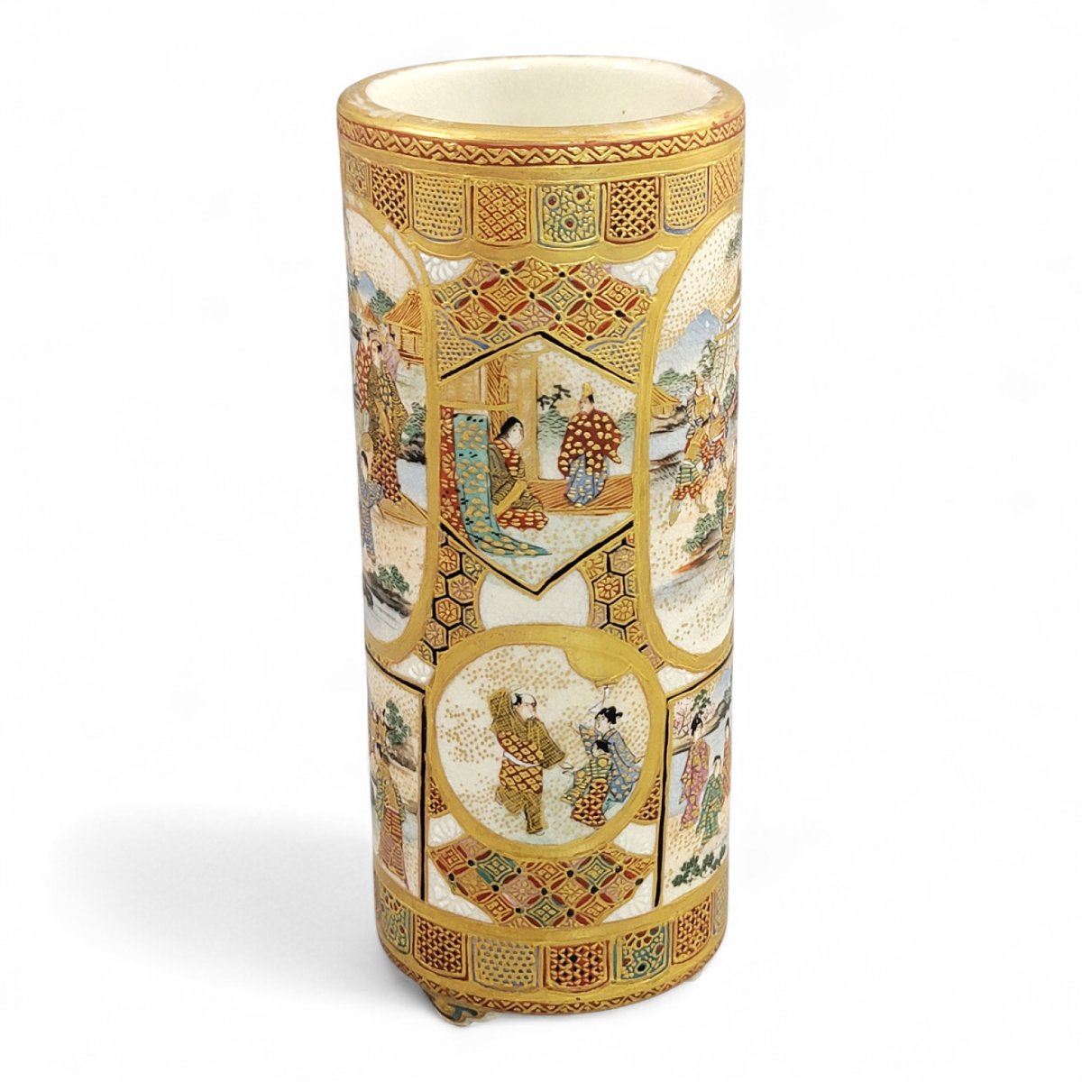 Vase cylindrique en Satsuma, Japon Meiji, scènes de samouraïs et de cour-photo-2