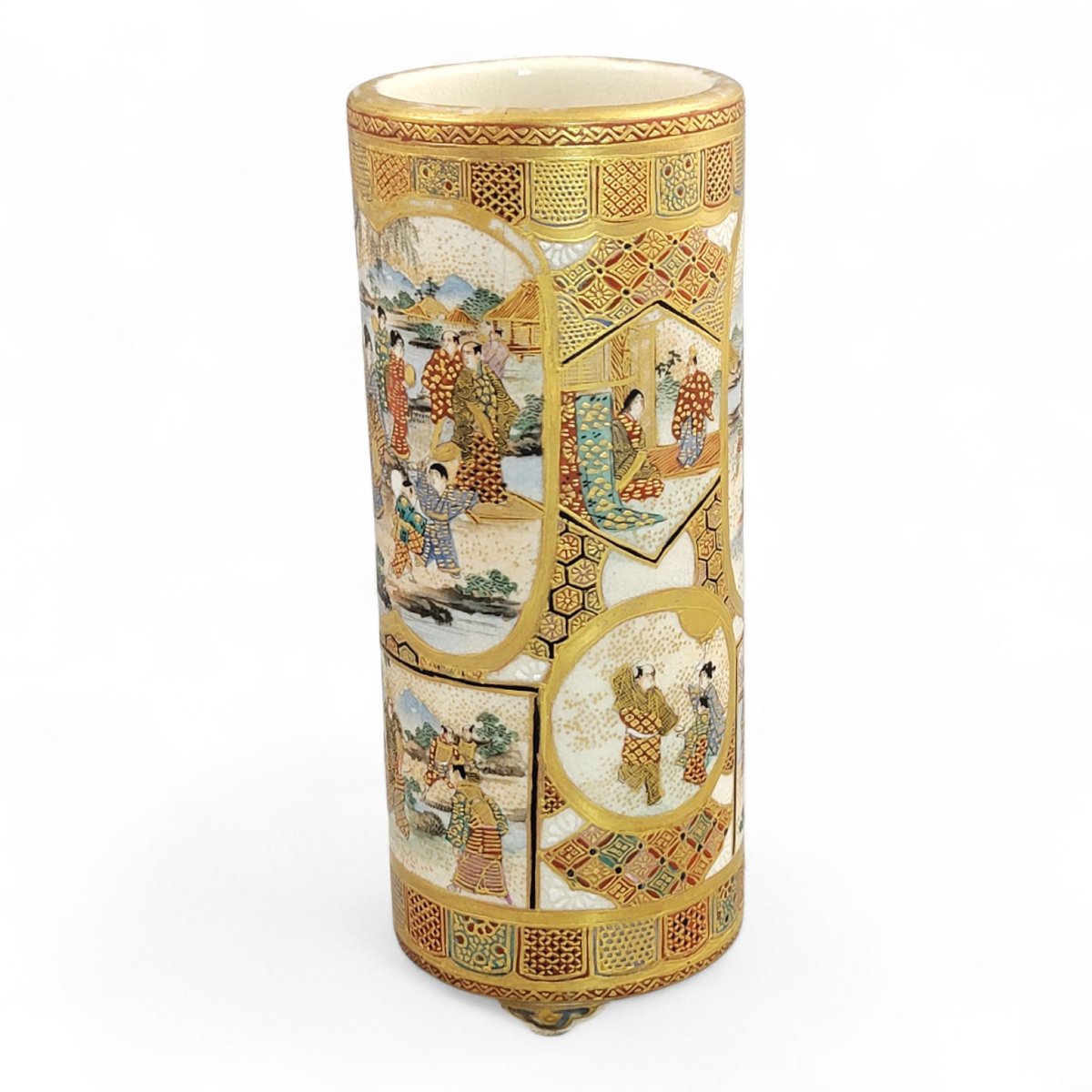 Vase cylindrique en Satsuma, Japon Meiji, scènes de samouraïs et de cour-photo-3