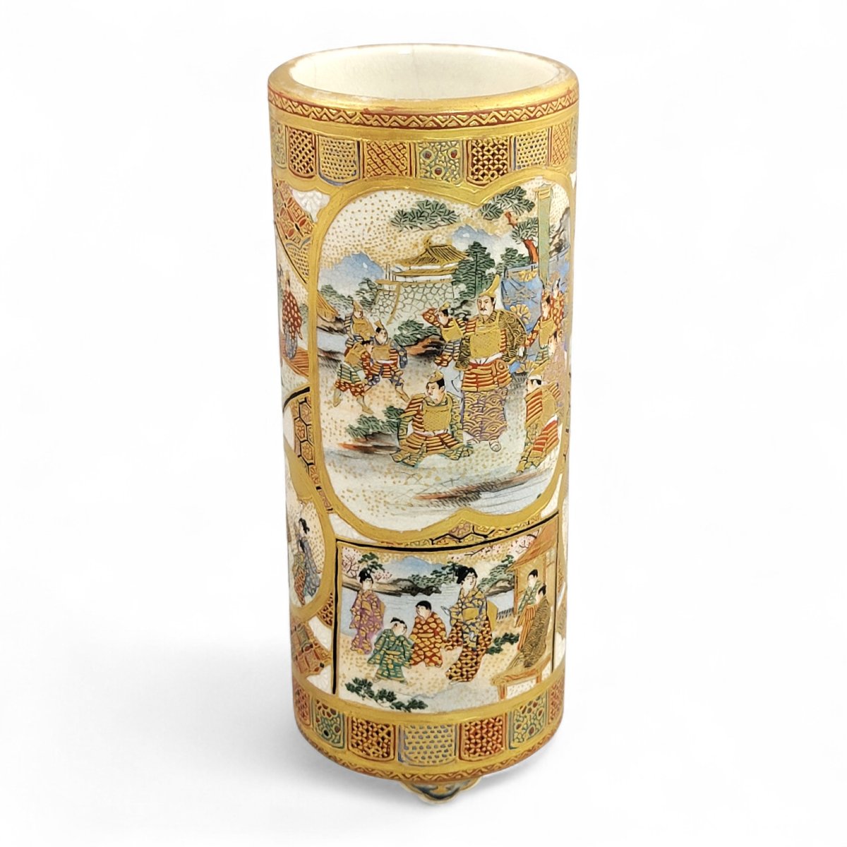 Vase cylindrique en Satsuma, Japon Meiji, scènes de samouraïs et de cour-photo-4