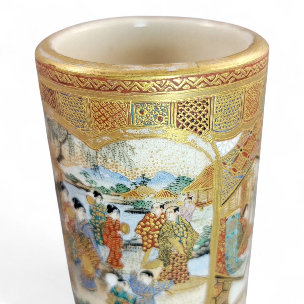 Vase cylindrique en Satsuma, Japon Meiji, scènes de samouraïs et de cour-photo-3