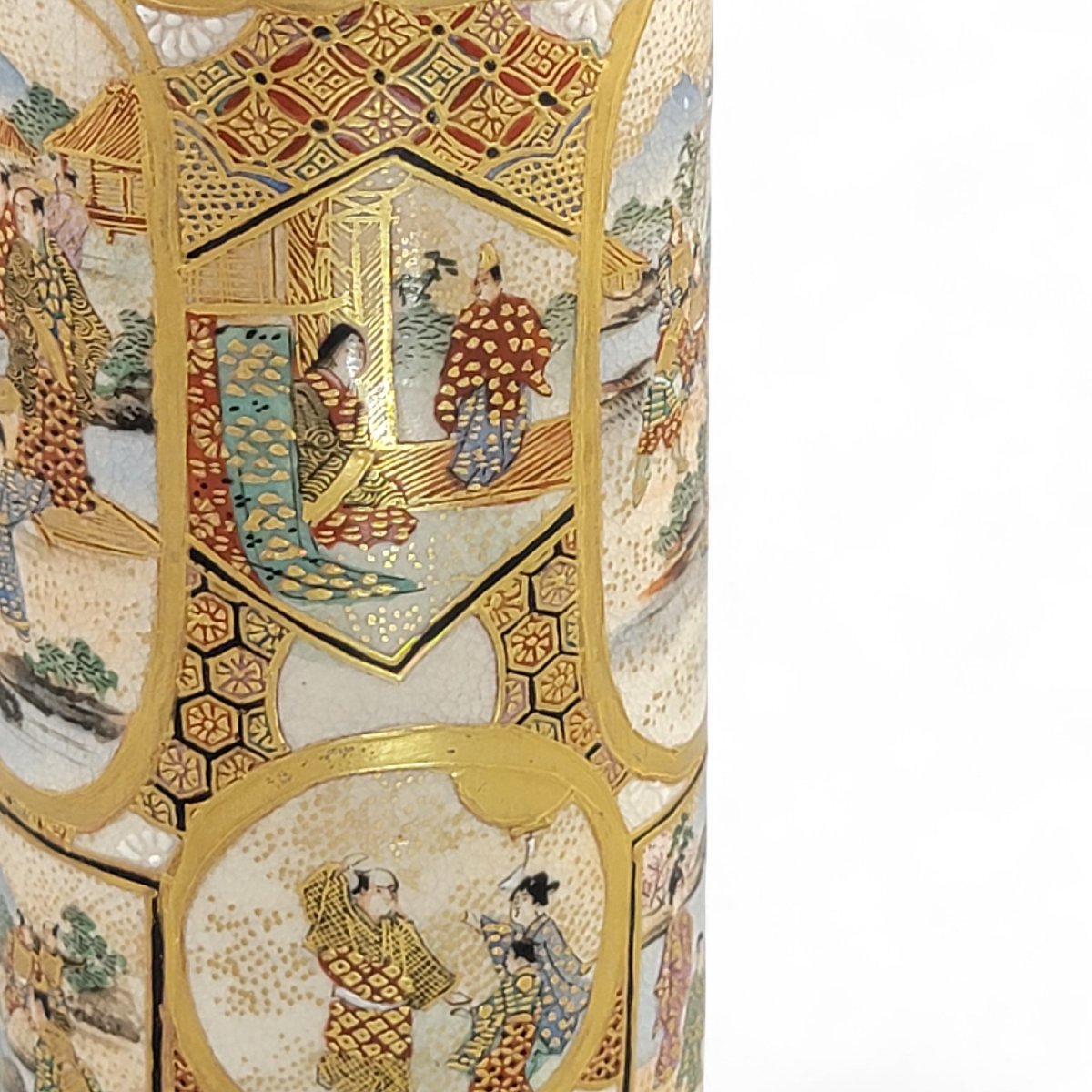 Vase cylindrique en Satsuma, Japon Meiji, scènes de samouraïs et de cour-photo-5